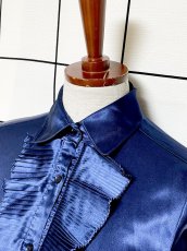 画像4: フロントフリル ネイビー シャツ レトロ USA古着 ヴィンテージブラウス (4)