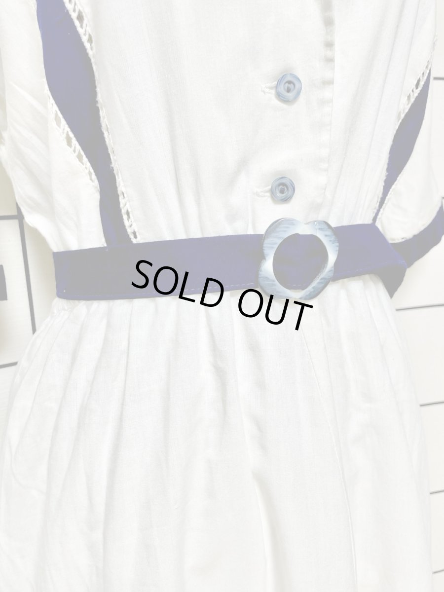 画像7: ベルト付 バイカラー ホワイト ネイビー レース ウエストゴム レトロ USA古着 ヴィンテージワンピース (7)