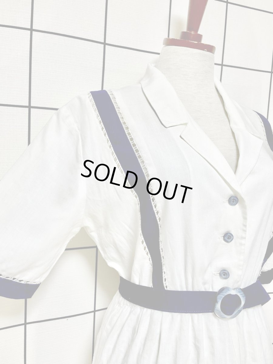 画像6: ベルト付 バイカラー ホワイト ネイビー レース ウエストゴム レトロ USA古着 ヴィンテージワンピース (6)