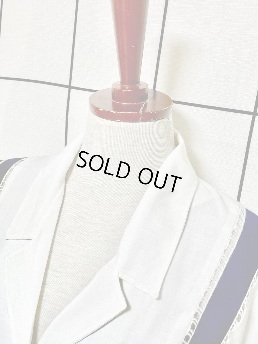 画像4: ベルト付 バイカラー ホワイト ネイビー レース ウエストゴム レトロ USA古着 ヴィンテージワンピース (4)