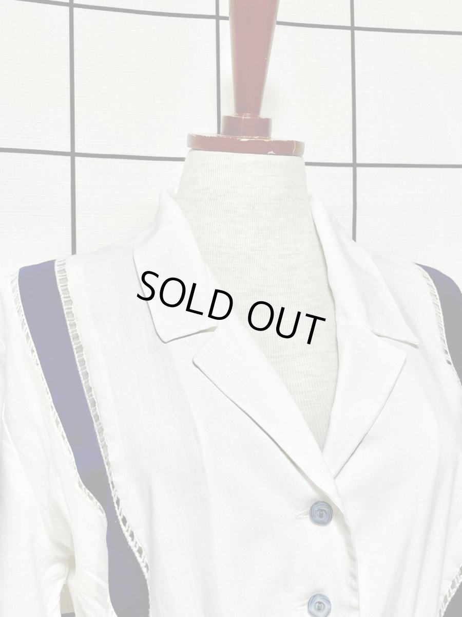 画像5: ベルト付 バイカラー ホワイト ネイビー レース ウエストゴム レトロ USA古着 ヴィンテージワンピース (5)