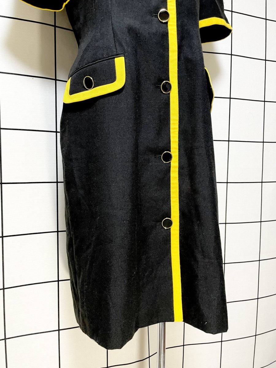 画像8: バイカラー ブラック イエロー 前開き 無地 レトロ ヨーロッパ古着 ヴィンテージワンピース (8)