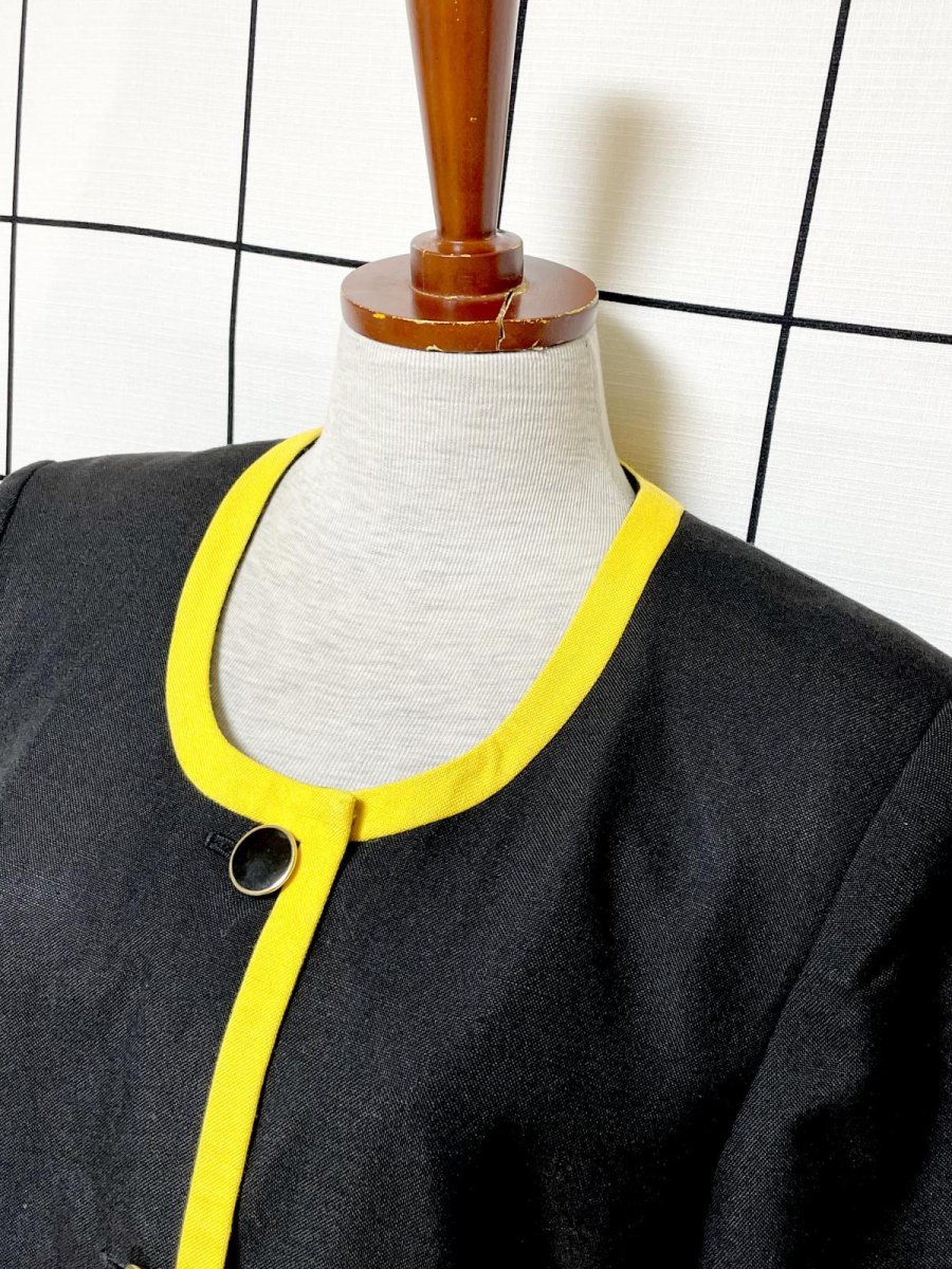 画像4: バイカラー ブラック イエロー 前開き 無地 レトロ ヨーロッパ古着 ヴィンテージワンピース (4)