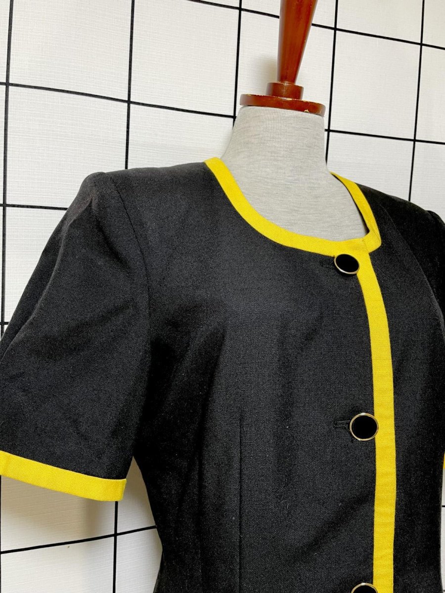 画像6: バイカラー ブラック イエロー 前開き 無地 レトロ ヨーロッパ古着 ヴィンテージワンピース (6)