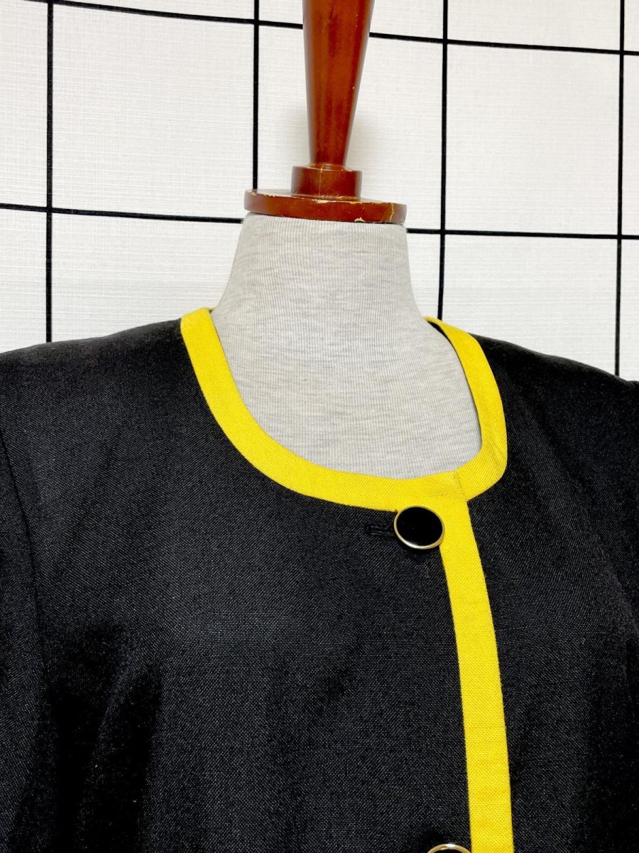画像5: バイカラー ブラック イエロー 前開き 無地 レトロ ヨーロッパ古着 ヴィンテージワンピース (5)
