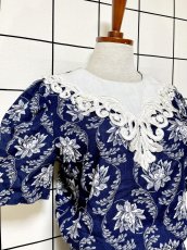 画像7: フロントレース 花柄 ネイビー ホワイト ウエストゴム クラシカル ガーリー レトロ USA古着 ヴィンテージワンピース (7)