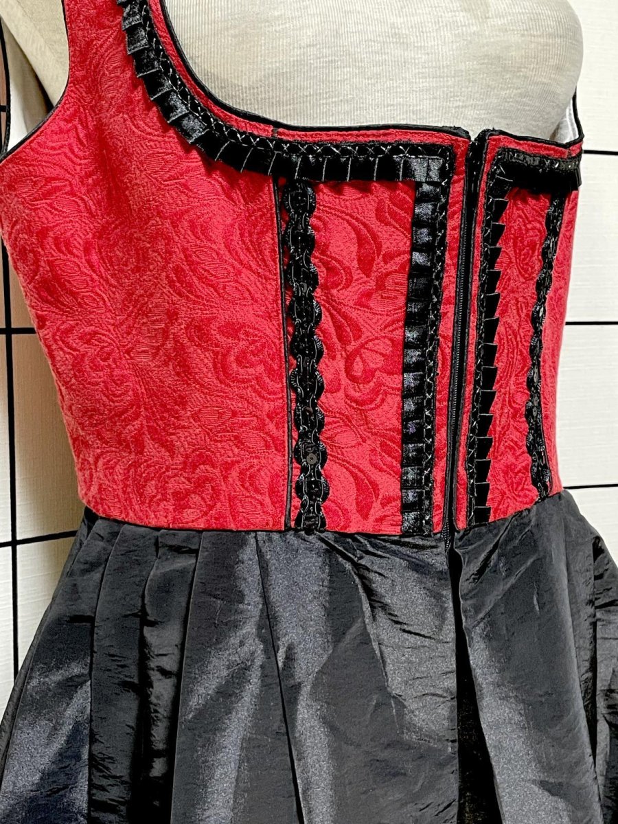 画像7: 花織模様 スパンコール レッド ブラック フロントジッパー ノースリーブ ディアンドル チロルワンピース (7)