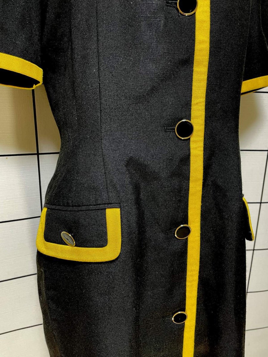 画像7: バイカラー ブラック イエロー 前開き 無地 レトロ ヨーロッパ古着 ヴィンテージワンピース (7)