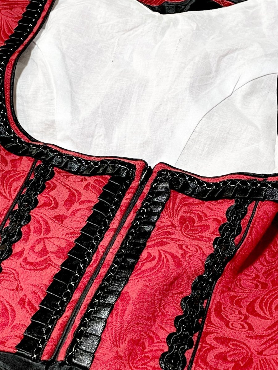 画像10: 花織模様 スパンコール レッド ブラック フロントジッパー ノースリーブ ディアンドル チロルワンピース (10)