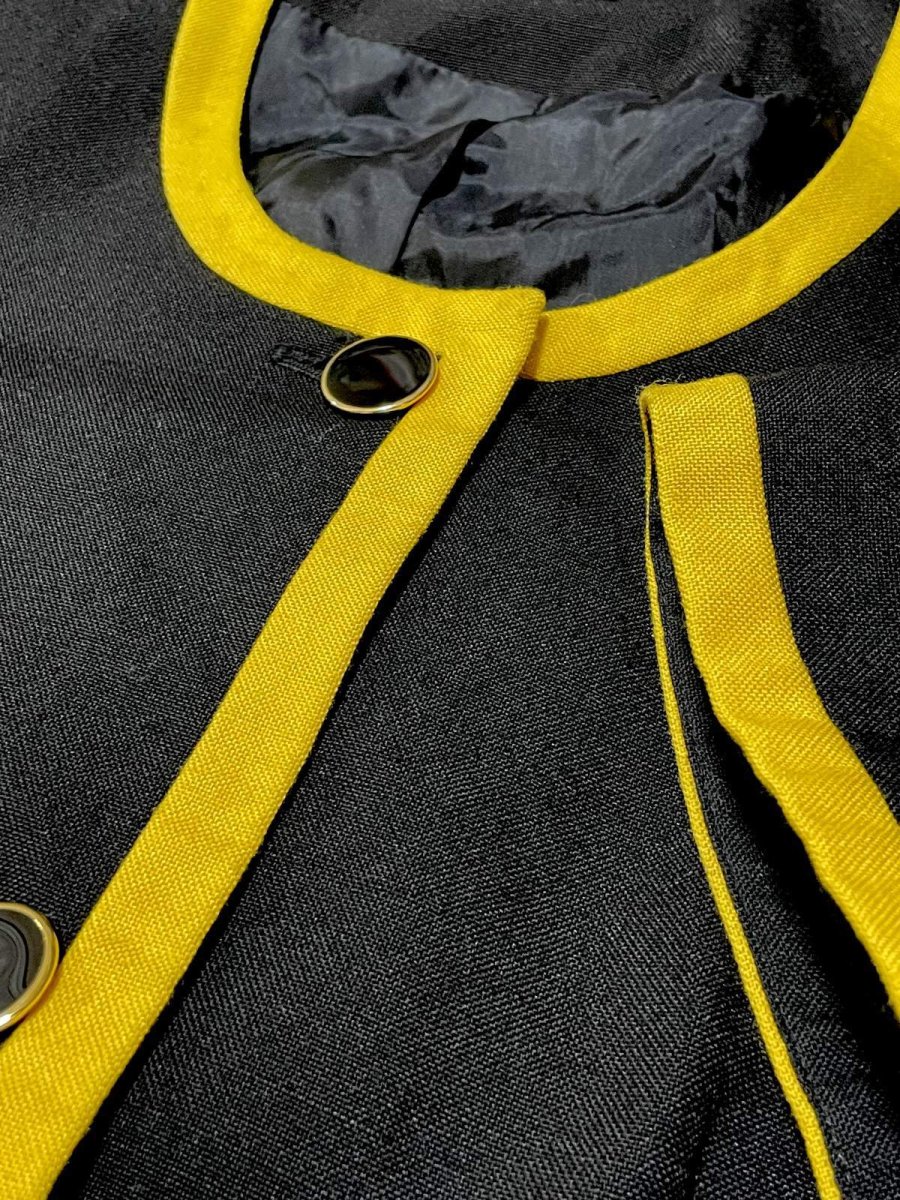 画像10: バイカラー ブラック イエロー 前開き 無地 レトロ ヨーロッパ古着 ヴィンテージワンピース (10)