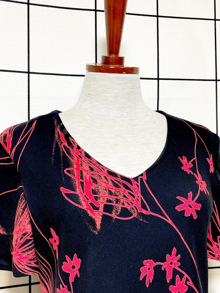 画像5: ティアード ブラック レッド アート柄 半袖 レトロ USA古着 ヴィンテージワンピース (5)