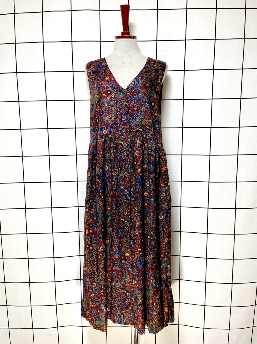 画像1: ペイズリーモチーフ 花柄 前開き ノースリーブ レトロ USA古着 ヴィンテージワンピース (1)