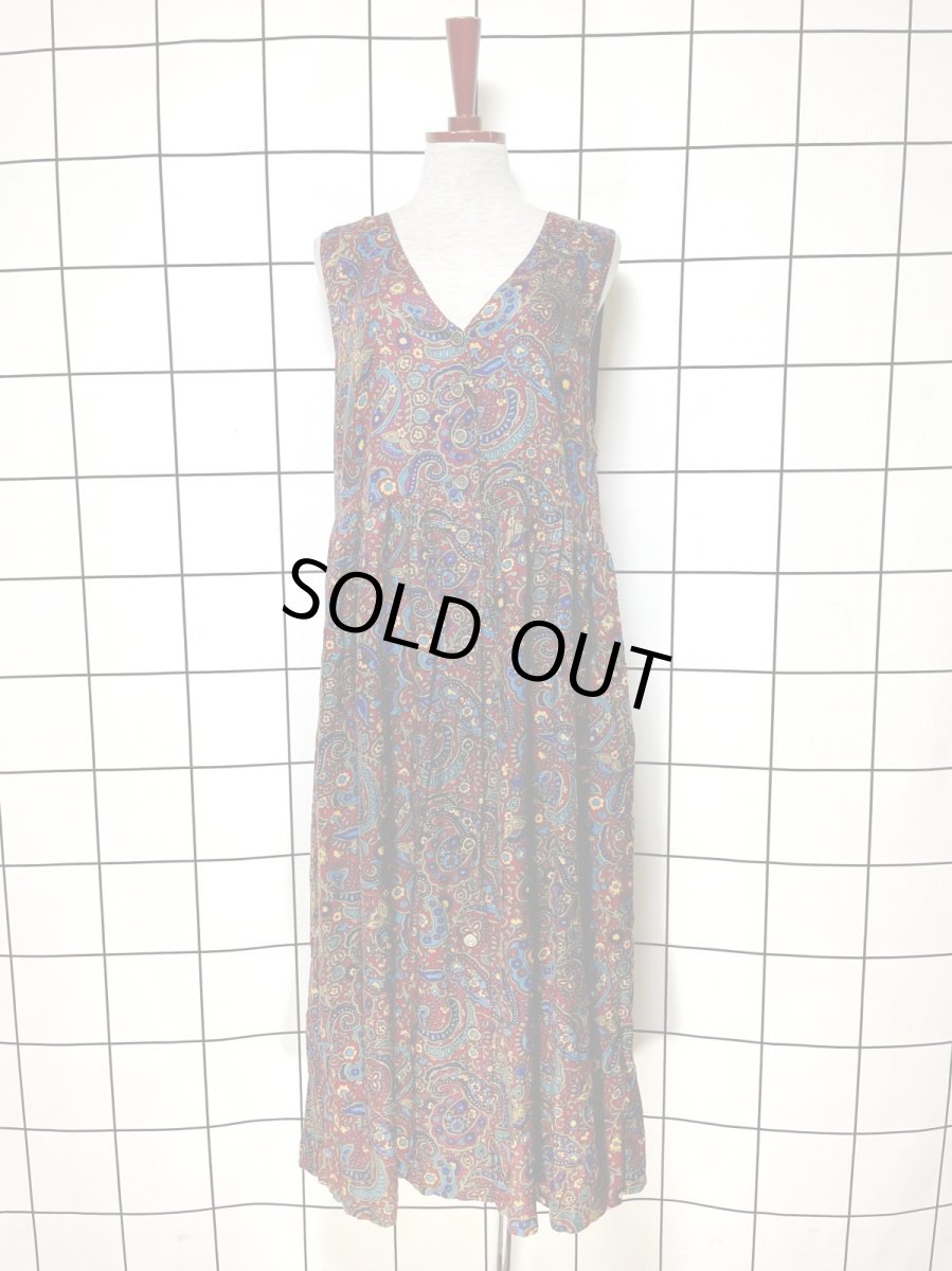 画像1: ペイズリーモチーフ 花柄 前開き ノースリーブ レトロ USA古着 ヴィンテージワンピース (1)