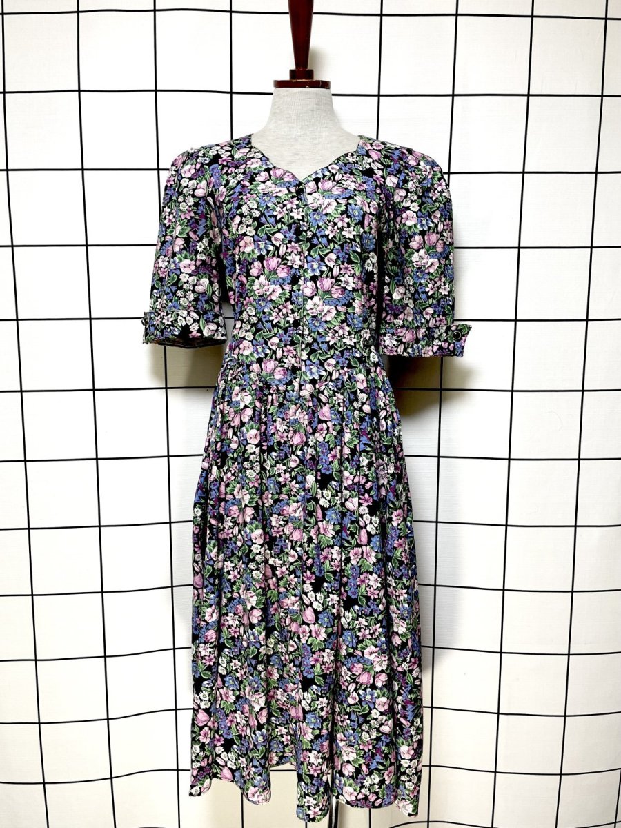 画像1: 花柄 後ろリボン レトロ USA古着 ヴィンテージワンピース (1)