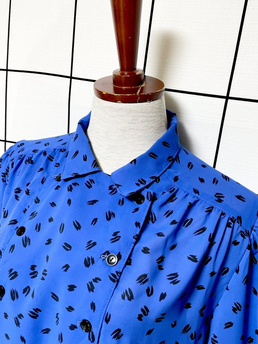 画像4: アート柄 ブルー ブラック ウエストゴム レトロ USA古着 ヴィンテージワンピース  (4)