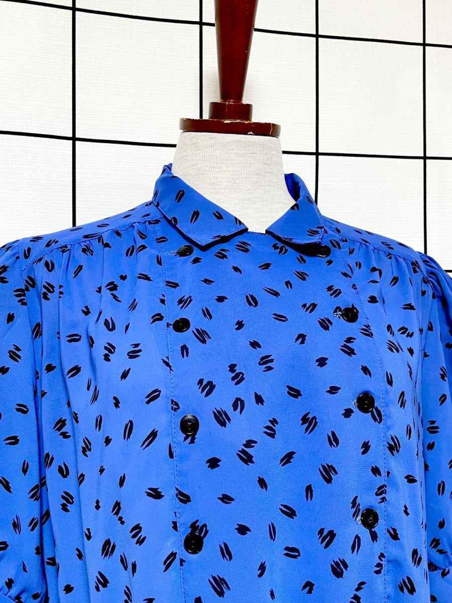 画像5: アート柄 ブルー ブラック ウエストゴム レトロ USA古着 ヴィンテージワンピース  (5)