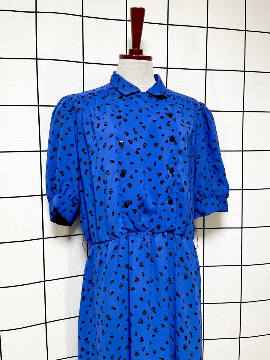 画像3: アート柄 ブルー ブラック ウエストゴム レトロ USA古着 ヴィンテージワンピース  (3)