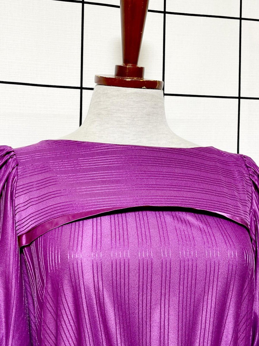 画像5: ストライプ パープル パフスリーブ ウエストゴム レトロ USA古着 ヴィンテージワンピース (5)