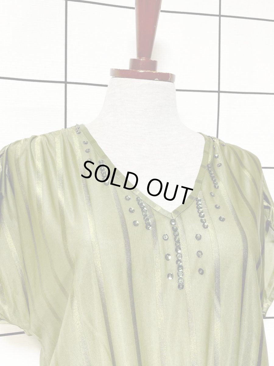 画像5: ストライプ柄 スパンコール装飾 プルオーバー レトロ ヨーロッパ古着 シャツ ヴィンテージトップス (5)