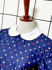 画像5: カラフルドット パフスリーブ ネイビー レトロ USA古着 ヴィンテージワンピース (5)