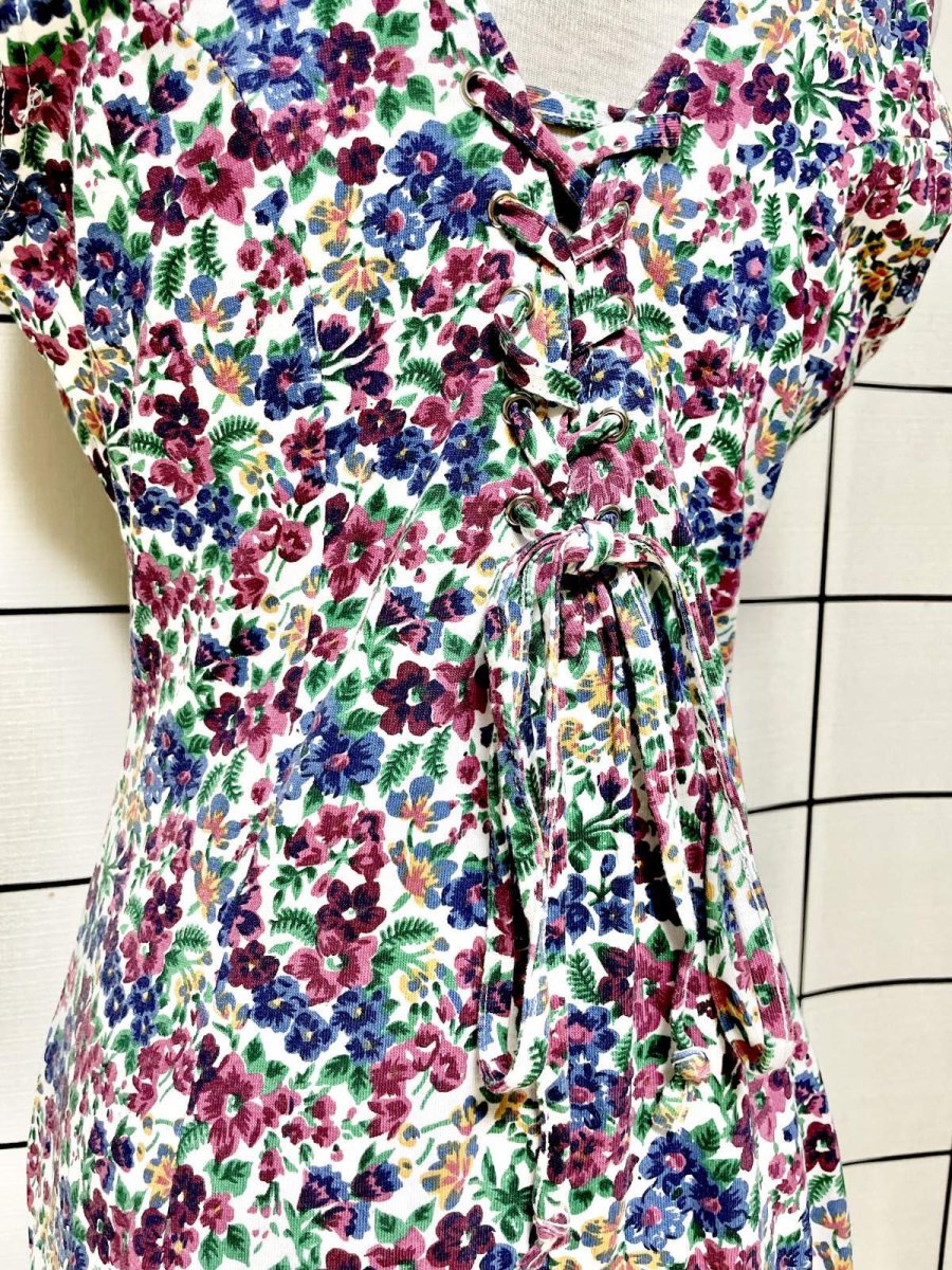 画像3: 花柄 編み上げリボン レトロ USA古着 ヴィンテージオールインワン (3)