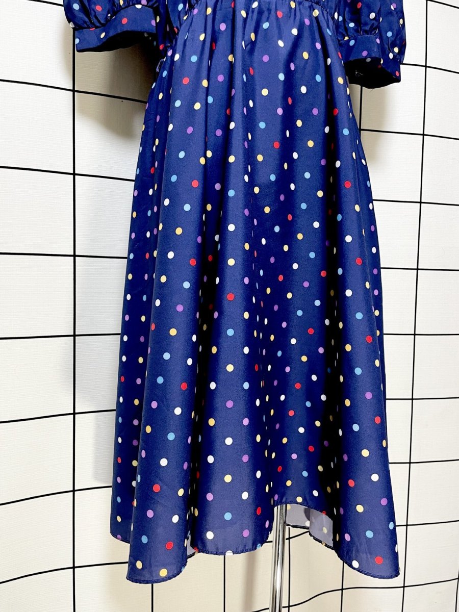 画像9: カラフルドット パフスリーブ ネイビー レトロ USA古着 ヴィンテージワンピース (9)