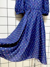 画像10: カラフルドット パフスリーブ ネイビー レトロ USA古着 ヴィンテージワンピース (10)