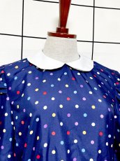 画像6: カラフルドット パフスリーブ ネイビー レトロ USA古着 ヴィンテージワンピース (6)