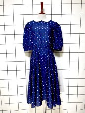 画像1: カラフルドット パフスリーブ ネイビー レトロ USA古着 ヴィンテージワンピース (1)