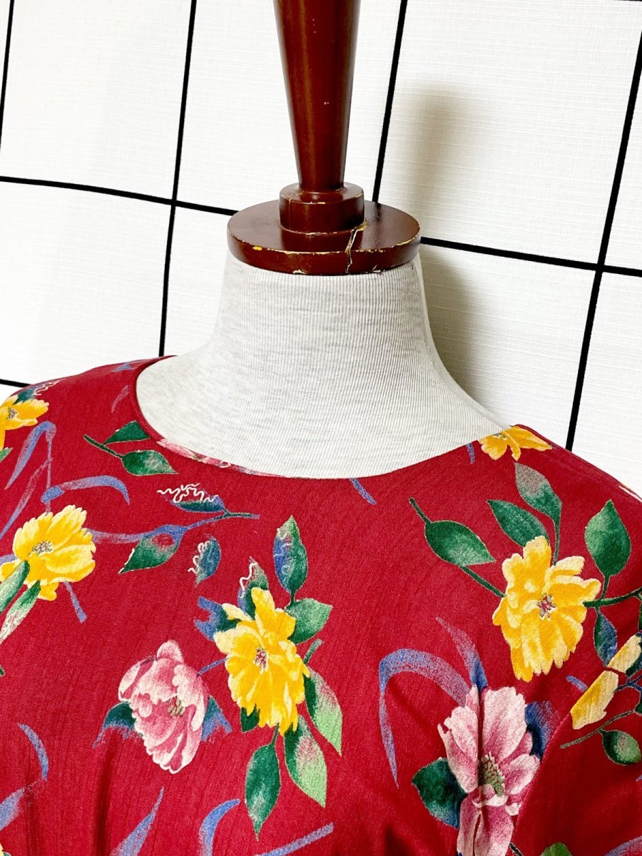 画像5: 花柄 レッド ウエストゴム レトロ USA古着 ヴィンテージワンピース (5)