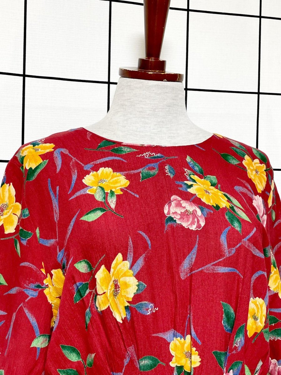画像6: 花柄 レッド ウエストゴム レトロ USA古着 ヴィンテージワンピース (6)