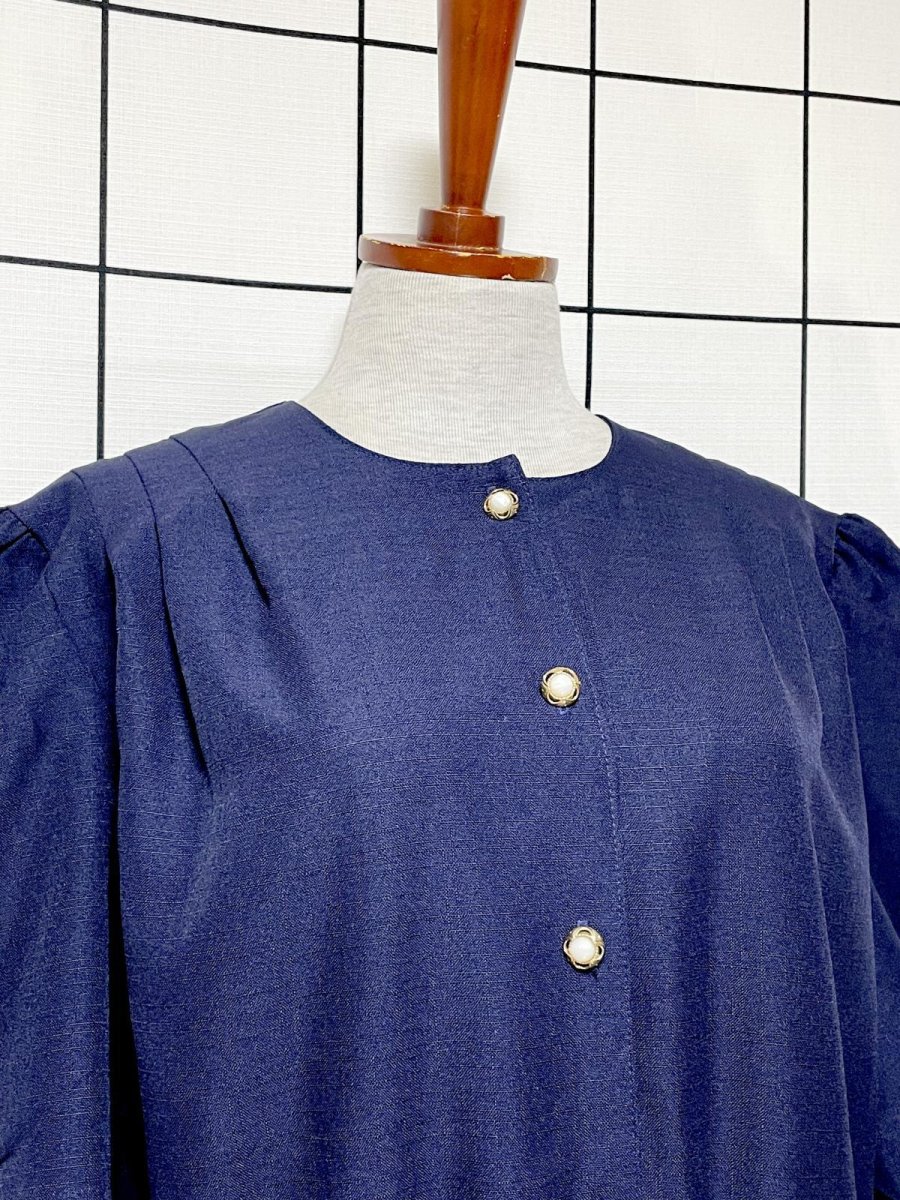 画像5: サーキュラーシルエット 無地 ネイビー パフスリーブ ウエストゴム レトロ USA古着 ヴィンテージワンピース (5)