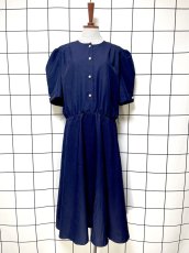 画像1: サーキュラーシルエット 無地 ネイビー パフスリーブ ウエストゴム レトロ USA古着 ヴィンテージワンピース (1)