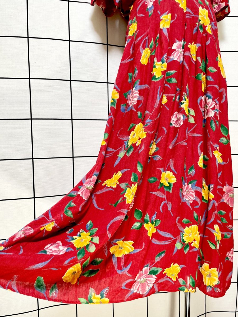 画像10: 花柄 レッド ウエストゴム レトロ USA古着 ヴィンテージワンピース (10)