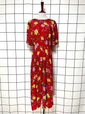 画像1: 花柄 レッド ウエストゴム レトロ USA古着 ヴィンテージワンピース (1)