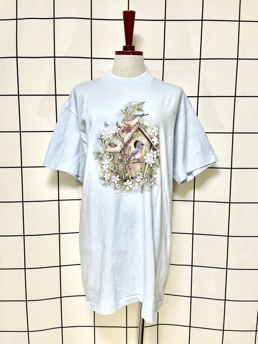 画像1: 鳥 バタフライ 巣箱 ライトブルー レトロ USA古着 半袖 ヴィンテージ Tシャツ (1)