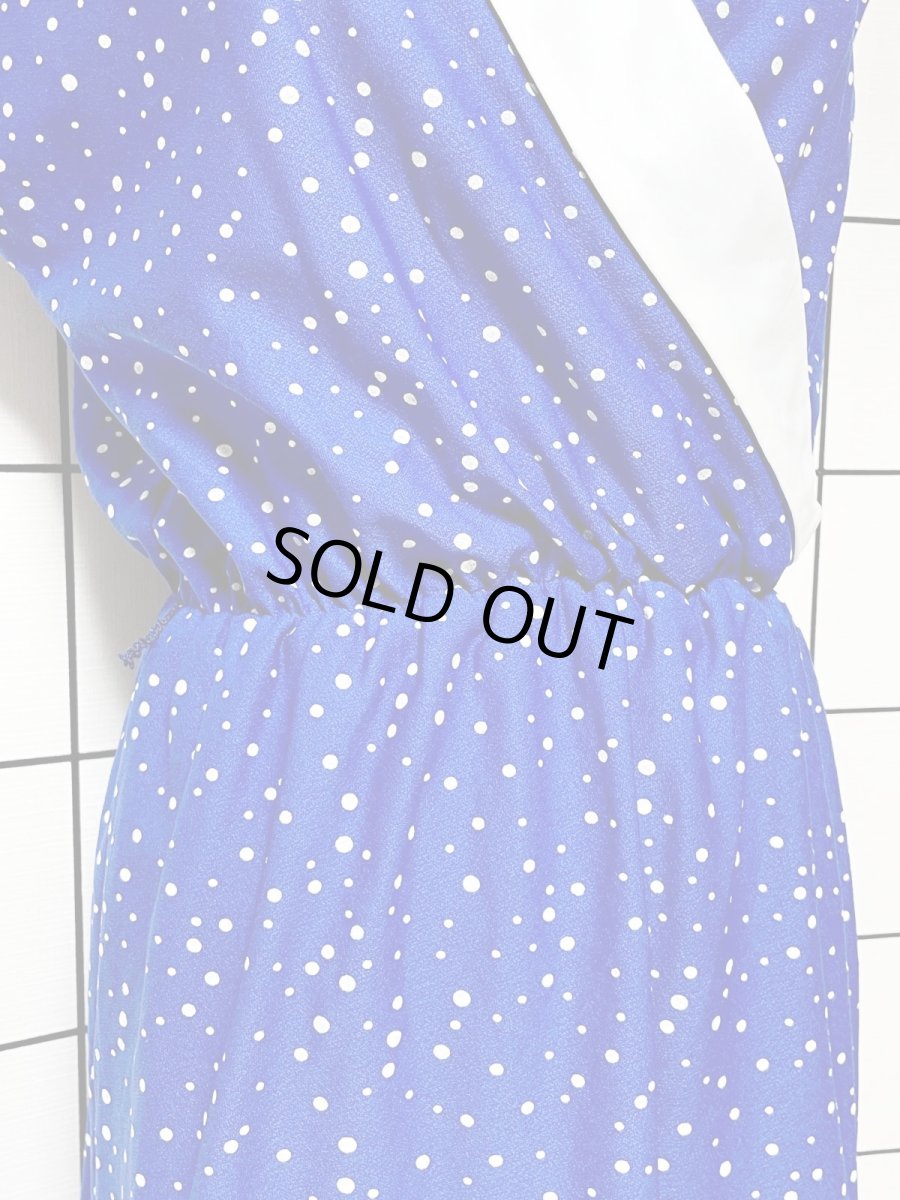 画像8: ドット ブルー ホワイト ノースリーブ レトロ USA古着 ヴィンテージワンピース (8)