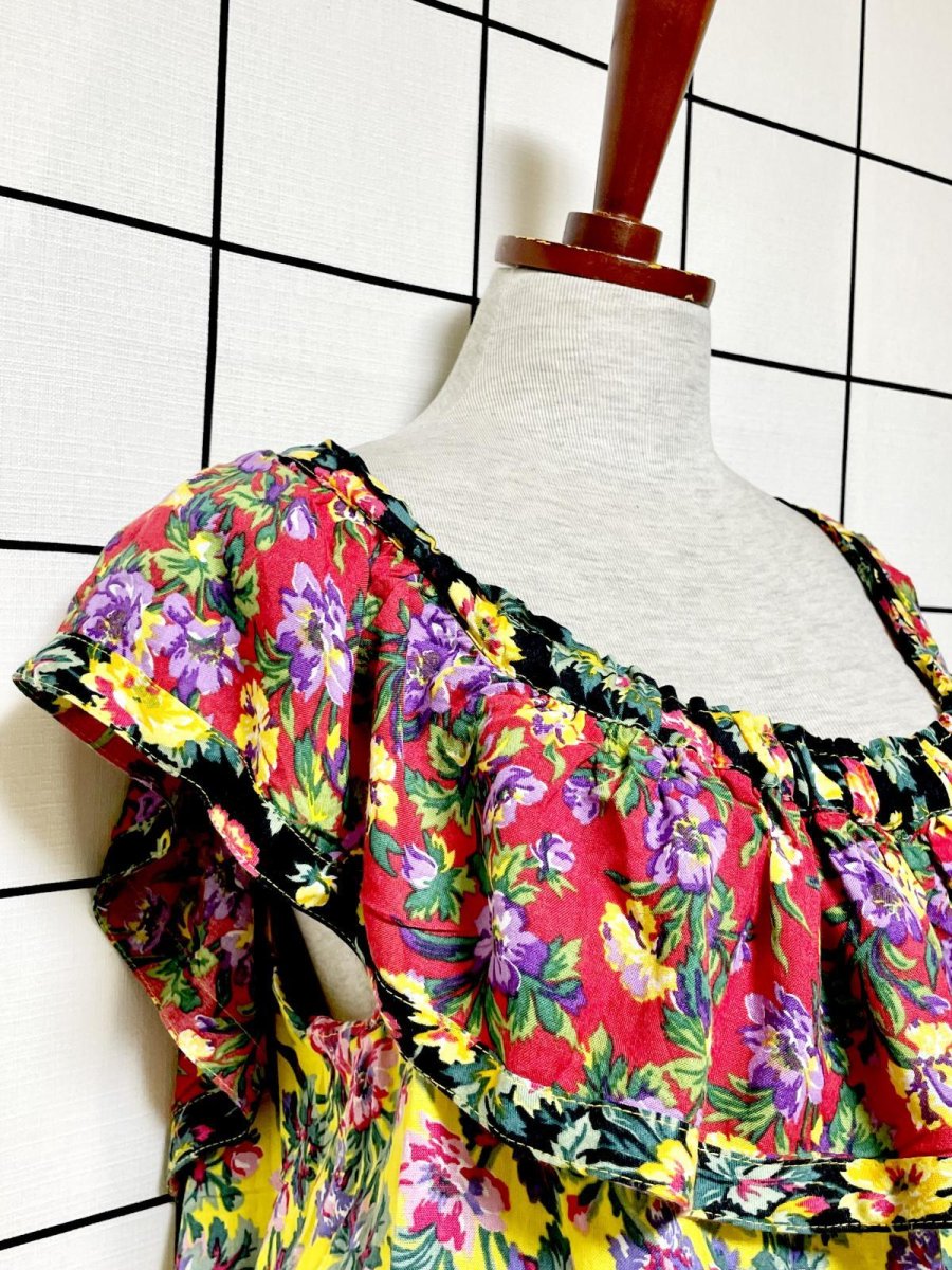 画像7: 総花柄 フリル ティアード ウエストゴム レトロ USA古着 ヴィンテージワンピース (7)
