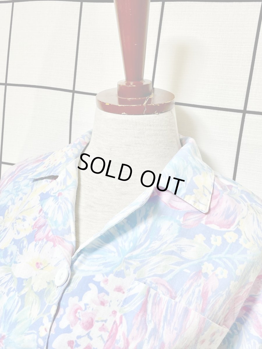 画像4: 花柄 ライトブルー ウエストゴム レトロ USA古着 ヴィンテージワンピース (4)