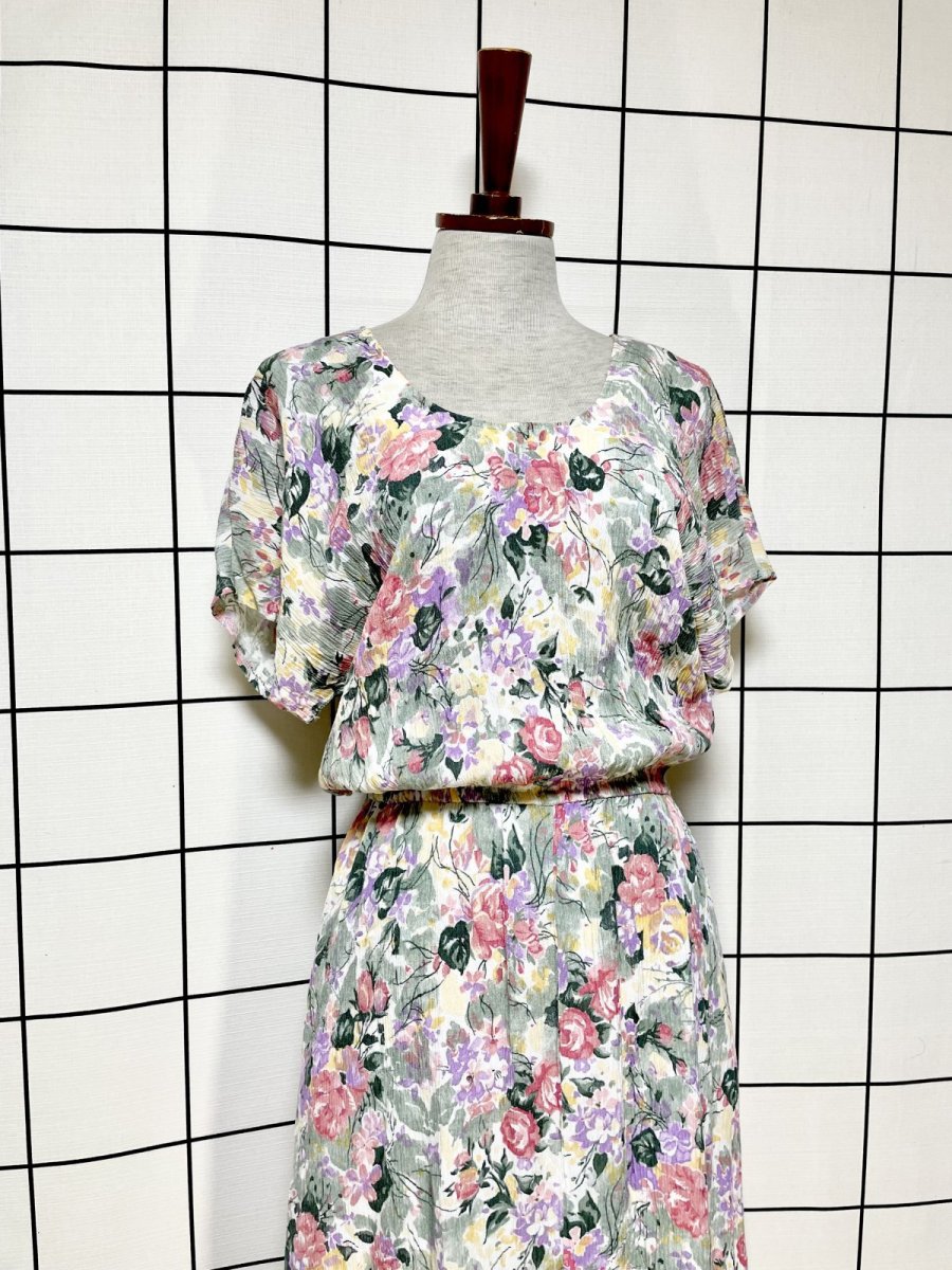 画像5: 花柄 シワ加工 ウエストゴム レトロ USA古着 ヴィンテージワンピース (5)
