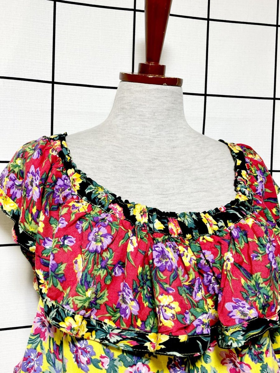画像6: 総花柄 フリル ティアード ウエストゴム レトロ USA古着 ヴィンテージワンピース (6)