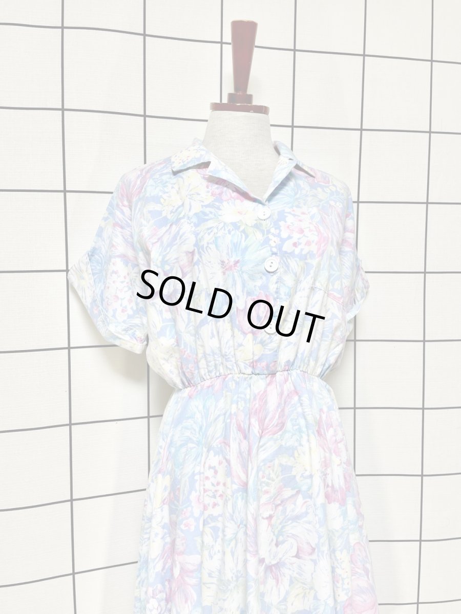 画像3: 花柄 ライトブルー ウエストゴム レトロ USA古着 ヴィンテージワンピース (3)