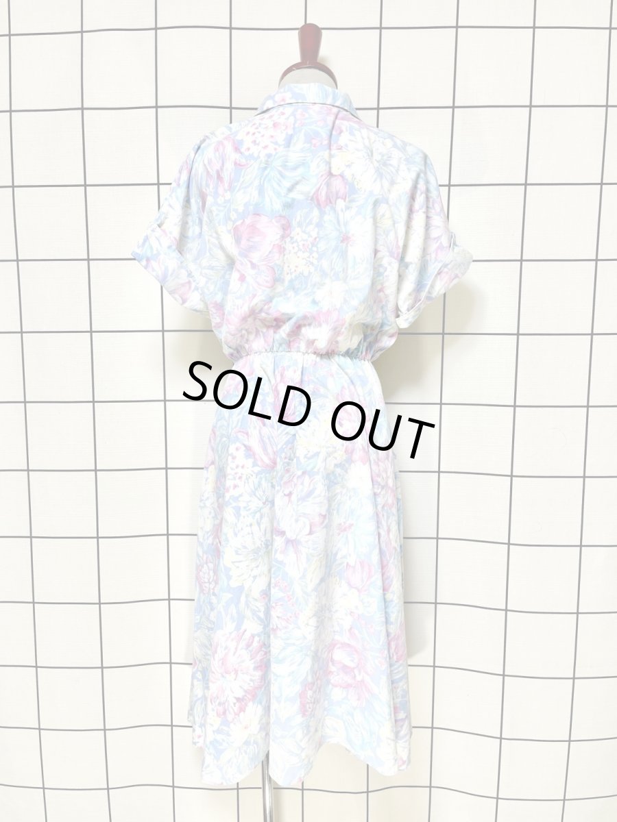 画像2: 花柄 ライトブルー ウエストゴム レトロ USA古着 ヴィンテージワンピース (2)