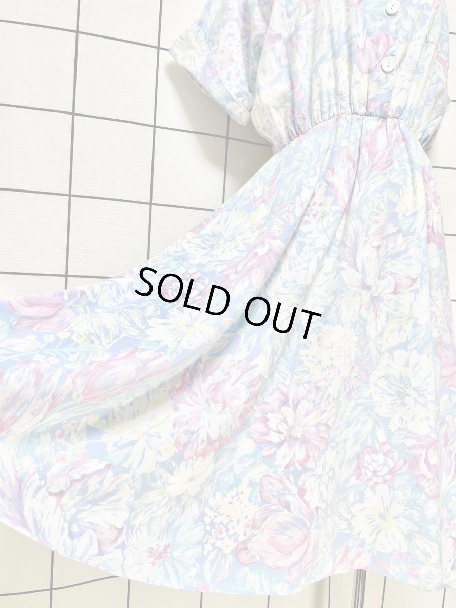 画像9: 花柄 ライトブルー ウエストゴム レトロ USA古着 ヴィンテージワンピース (9)