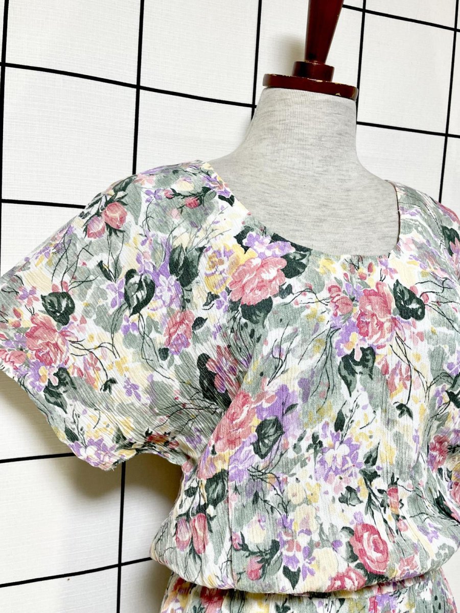 画像8: 花柄 シワ加工 ウエストゴム レトロ USA古着 ヴィンテージワンピース (8)