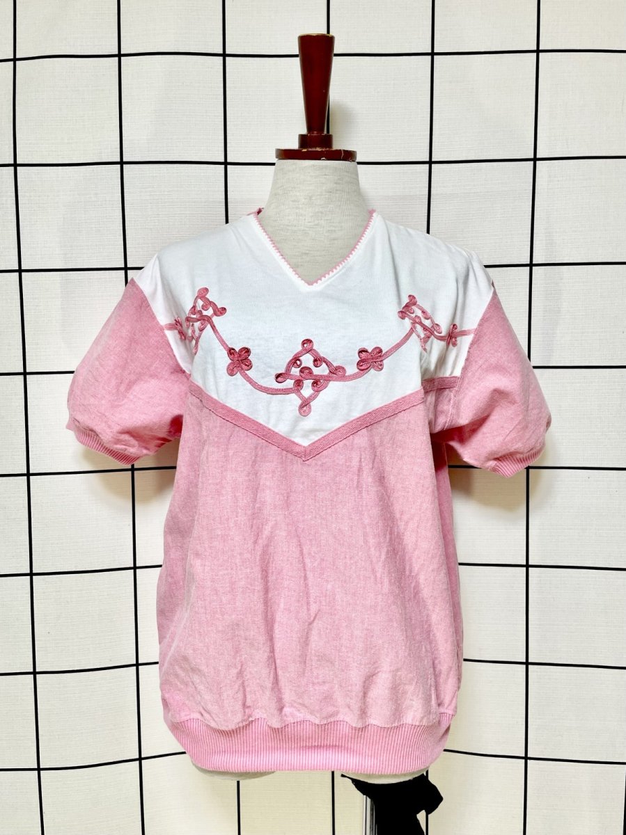 画像1: フロントブレード装飾 ピンク ホワイト レトロ USA古着 シャツ ヴィンテージトップス (1)