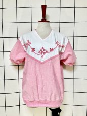画像1: フロントブレード装飾 ピンク ホワイト レトロ USA古着 シャツ ヴィンテージトップス (1)