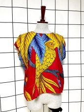 画像3: 鳥柄 リーフ レッド レトロ USA古着 半袖 シャツ ヴィンテージトップス (3)