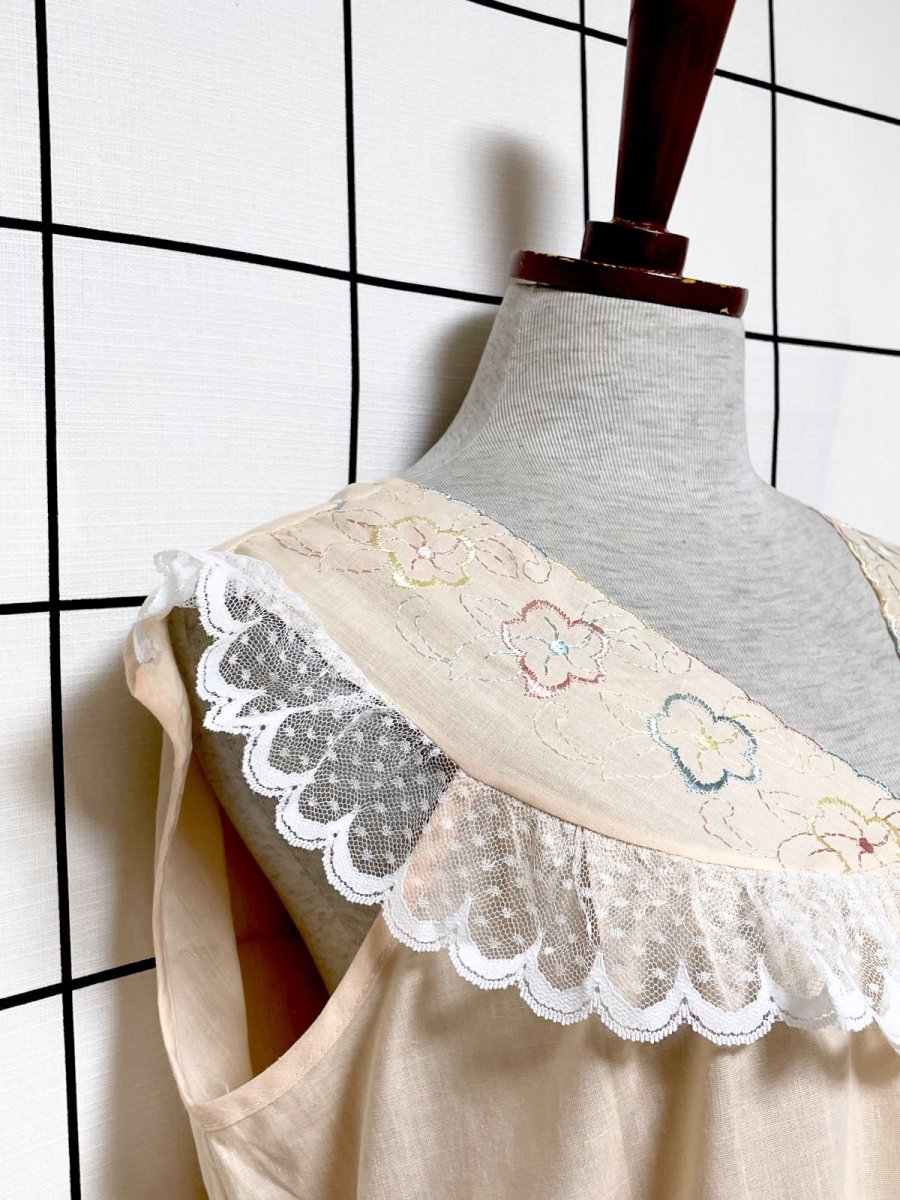 画像6: 花刺繍 レース ノースリーブ レトロ USA古着 ヴィンテージワンピース (6)