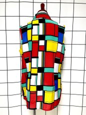 画像3: カラフル模様 マルチカラー レトロ USA古着 ノースリーブ ヴィンテージブラウス (3)